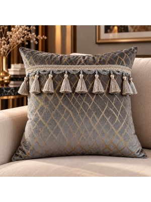 Ravello Design Gri Gold Desenli Püsküllü Dekoratif Kırlent