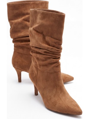 v.s.h velvet Kadın Süet Körüklü 7 cm Topuklu Taba Yarım Çizme