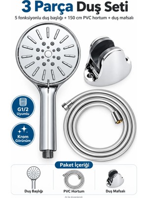 Plodna House 5 Fonksiyonlu Krom Duş Seti – 150 cm PVC Spiral Hortumlu, Duş Mafsallı 3 Parça Banyo Duş Başlığı Seti G1/2 Uyumlu