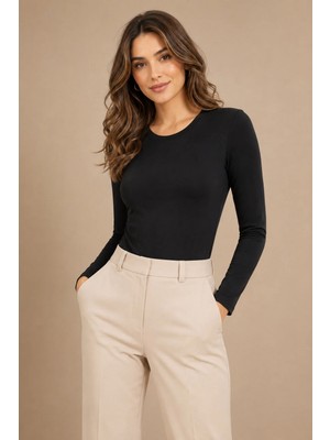 Nymora Kadın Bisiklet Yaka Uzun Kollu Modal Pamuklu Esnek Atlet Siyah