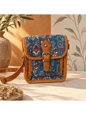 Eos Kolektif Taba Mavi Paisley Desenli Goblen Kemer Detaylı Mini Çapraz Çanta