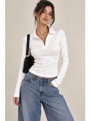 Tarz Cool Kadın Slim Fit Polo Yaka Uzun Kollu Tişört Likralı Esnek Basic Bluz