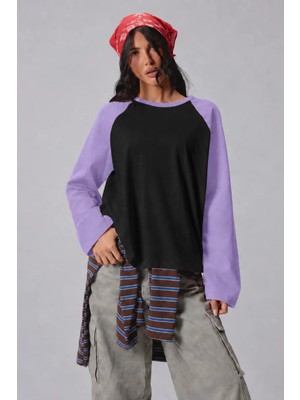 Tarz Cool Kadın Oversize Kontrast Kollu Raglan Bisiklet Yaka Düşük Omuzlu T-Shirt