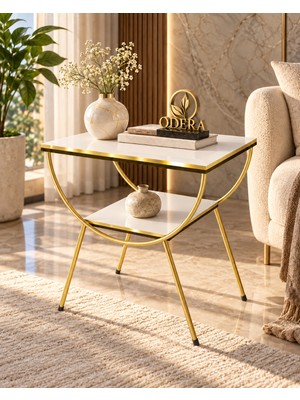 Odera Çift Beyaz Çift Raflı Yan Sehpa Komodin Metal Ayaklı Retro Modern Sehpa
