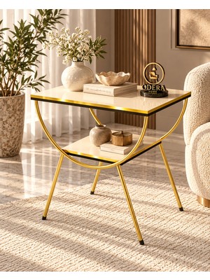 Odera Çift Çift Raflı Yan Sehpa Komodin Metal Ayaklı Retro Modern Sehpa