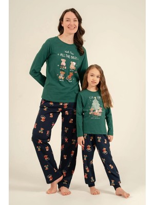 Roly Poly 3918-G Yeşil Ayıcıklı Yılbaşı Çam Ağaçlı Pijama Takım 'anne Kız Kombin Yapılabilir'