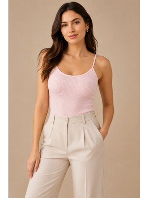 Nymora Kadın %95 Pamuk %5 Elastan Ince Askılı Fitilli Ribana Atlet Pembe