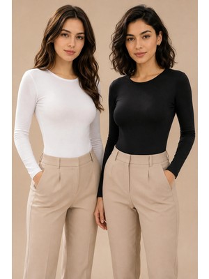 Nymora Kadın 2'li Bisiklet Yaka Uzun Kollu Pamuklu Esnek Basic Tişört Siyah-Beyaz