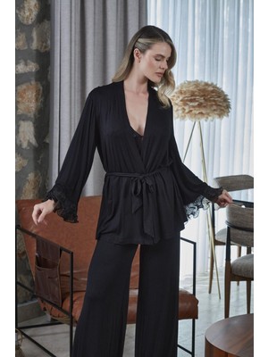 Cossy By Aqua Kadın Siyah Sabahlıklı Pijama Takımı 27141