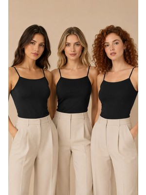 Nymora Kadın 3'lü Ince Askılı Pamuklu Esnek Basic Atlet Siyah
