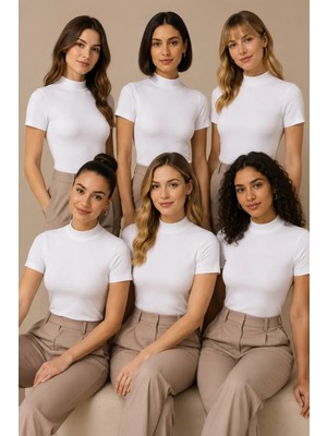 Nymora Kadın 6'lı Yarım Balıkçı Yaka Kısa Kollu Pamuklu Esnek Basic Tişört Beyaz