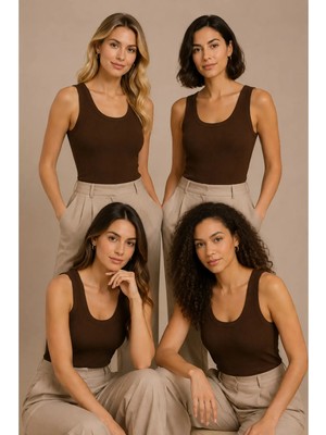 Nymora Kadın 4'lü %95 Pamuk U Yaka Kalın Askılı Fitilli Kaşkorse Atlet Kahve