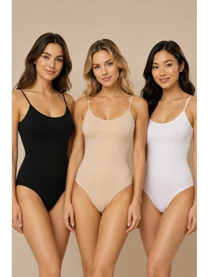 Nymora Kadın Ince Askılı U Yaka %95 Pamuk Esnek Body 3'lü Siyah-Beyaz-Ten