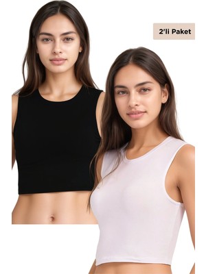 Nymora Siyah-Beyaz 2'li Paket Pamuklu, Likralı Crop Bisiklet Yaka Kolsuz Atlet