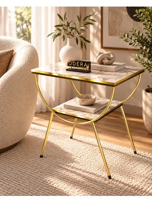 Odera Çift Efes Beyaz Mermer Desenli Çift Raflı Yan Sehpa Komodin Metal Ayaklı Retro Modern Sehpa
