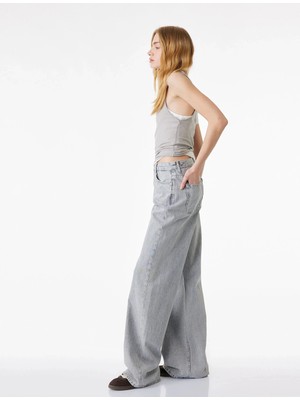 Koton Kadın Normal Bel Taş Detaylı Pamuklu Wide Leg Jean Kot Pantolon Gri