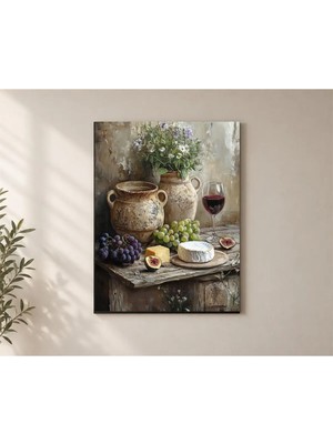 Çetin Kardeşler Şarap, Peynir ve Çiçekler Salon Ahşap Mdf Baskı Tablo Mdf Tablo