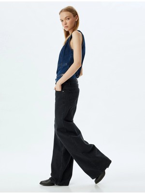 Koton Kadın Loose Straight Fit Çift Bel Detaylı %100 Pamuk Jean Kot Pantolon Siyah