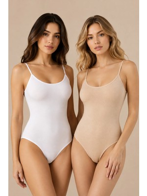 Nymora Kadın Ince Askılı U Yaka %95 Pamuk Esnek Body 2'li Beyaz-Ten