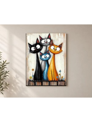 Çetin Kardeşler Dört Kedi Duvar Dekoru Ahşap Mdf Baskı Tablo Mdf Tablo