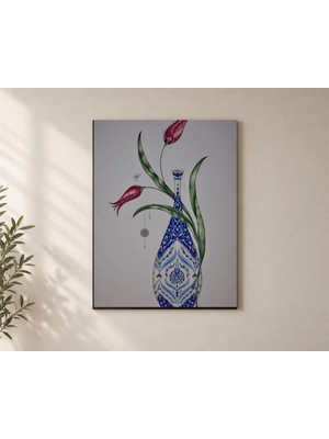 Çetin Kardeşler Çini Desenli Vazo ve Kırmızı Laleler Dekoratif Duvar Dekoru Ahşap Mdf Baskı Tablo Mdf Tablo