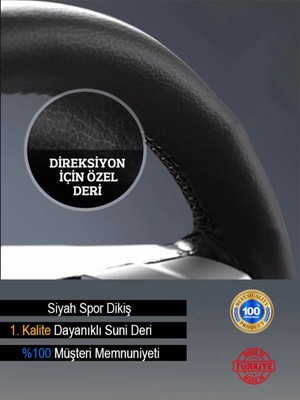Ruselland Mazda 2 Özel Süper Deri Yeni Direksiyon Kılıfı, Dikmeli Siyah Spor Dikiş