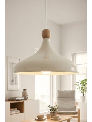 Marrien Nova Bohem Ahşap Boncuklu Krem Metal Sarkıt (35 cm) Yemek Masası Üstü Avize