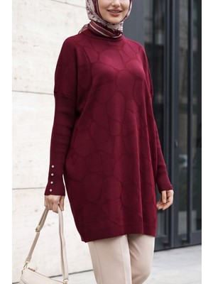 Moda Morfo Yarım Boğazlı Düşük Omuzlu Kolları Taş Detaylı Triko Tunik -Bordo