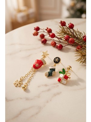 Dolozena Gold Noel Baba Şapkalı Zirkon Taşlı Zincirli Yılbaşı Küpe