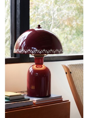 Marrien Luna Tulip Abajur Bordo Metal Gövdeli - 25 cm - Yatak Odası Aydınlatma - Dekoratif Masa Lambası