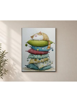 Çetin Kardeşler Uyuyan Kedi Yastık Yatak Odası Ahşap Mdf Baskı Tablo Mdf Tablo