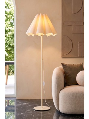 Marrien Flora Krem Pilili Kumaş Başlıklı Lambader (145 cm) Tek Ayaklı Salon Aydınlatması