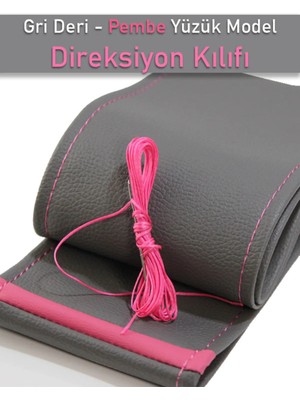 Ruselland Peugeot 205 Uyumlu Gri Özel Süper Deri Pembe Yüzüklü Dikişli Direksiyon Kılıfı