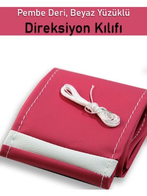 Ruselland Hyundai I30 Pembe Özel Süper Deri Beyaz Yüzüklü Dikişli Direksiyon Kılıfı