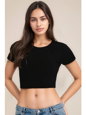 Nymora Pamuklu, Likralı Crop Bisiklet Yaka Kısa Kollu T-Shirt