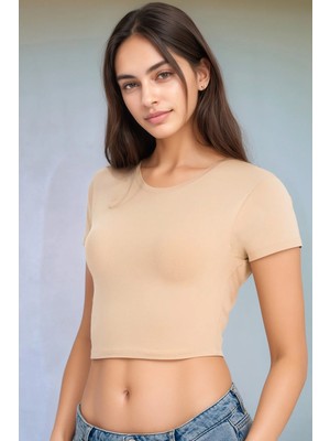 Nymora Pamuklu, Likralı Crop Bisiklet Yaka Kısa Kollu T-Shirt