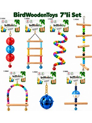 Bird Wooden Toys Birdwoodentoys 7'li Kuş Oyuncağı Seti - 3'lü Top,4 Basamaklı Merdiven,helezon,5 Basamaklı Fırfır,salıncak,zil,tünekli Top – Muhabbet Kuşu, Sevda, Forpus ve Cennet Papağanı Için