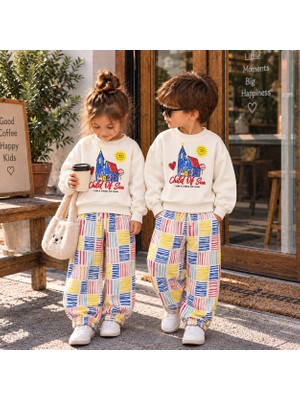 Cg Kids Child Of Sun Baskılı Sweatshirt ve Lastikli Paça Çizgili Tasarım Eşofman Erkek&kız Çocuk Alt Üst Takım