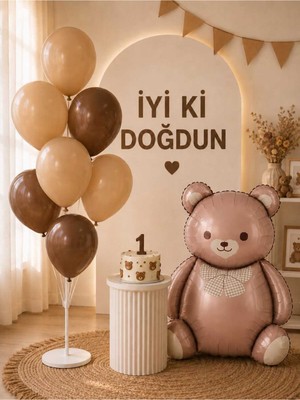 Partixa Saremset Retro Ayıcık Folyo Balonlu Doğum Günü Parti Seti-Standlı Kahverengi ve Latte Balon ile Teddy Bear Konsepti