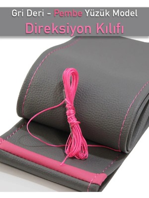 Ruselland Peugeot 208 Gri Özel Süper Deri Pembe Yüzüklü Dikişli Yeni Direksiyon Kılıfı