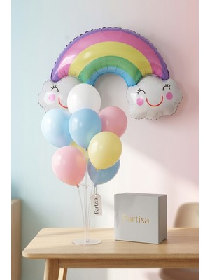 Partixa Gülümseyen Bulutlu Gökkuşağı Balon Stand Seti | Şeffaf 7’li Stand + Gökkuşağı Folyo Balon 81×55 cm + 7 Lateks Balon