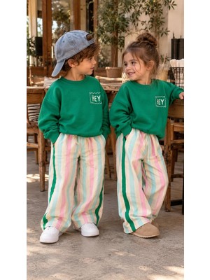 Cg Kids Hey Hi Sırt Kabartma Baskı Detaylı Sweatshirt ve Renkli Çizgili Eşofman Kız & Erkek Çocuk Alt Üst Takım