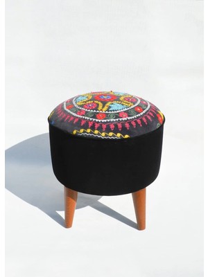 Kilim Co. Lucy Suzani Kumaşlı Ahşap Ayaklı Puf