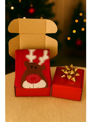 Feemels Kırmızı Kutulu Yılbaşı Hediyesi - Unisex Noel Çorabı - Kırmızı Kutulu Hediye Çorap