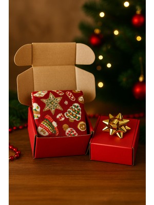 Feemels Kırmızı Kutulu Yılbaşı Hediyesi - Unisex Noel Çorabı - Kırmızı Kutulu Hediye Çorap