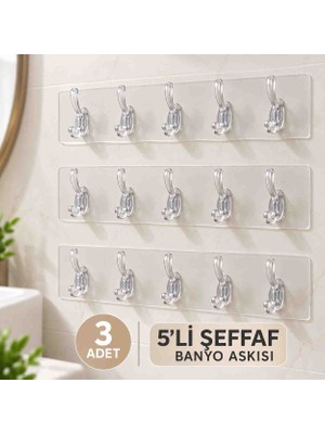 Baysa 3 Adet 5'li Banyo Mutfak Dolap Duvar Askısı Şeffaf Kendinden Yapışkanlı