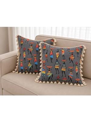 Luxoras Home Afrikalı Kadın Desenli Etnik Duck Kumaş Püsküllü Dekoratif Kırlent Kılıfı - 2'li Çeyiz Seti