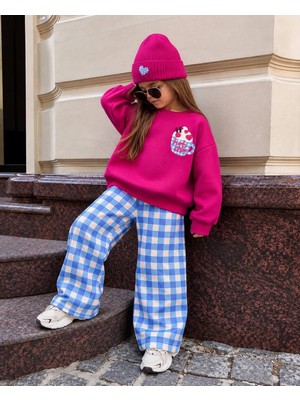 Cg Kids Hot Choc Baskılı Fuşya Sweatshirt Mavi Pötikare Eşofman Alt Üst Takım Süper Kalite