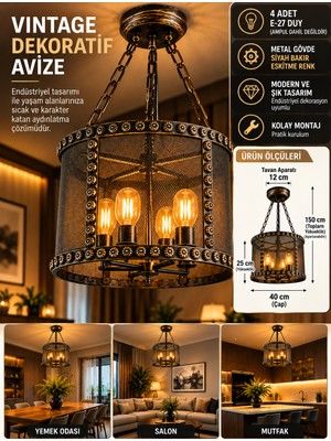 Gempa Vintage Endüstriyel 4'lü E27 Duylu Dekoratif Sarkıt Avize Siyah Bakır Eskitme Metal 40 cm