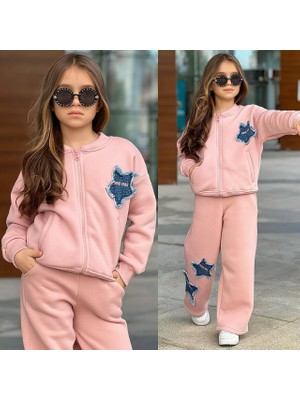 Aykidsclup Kız Çocuk Kot Yıldız Detaylı Şardonlu Fermuarlı Sweatshirt ve Bol Paça Eşofman Takımı 43183 P-